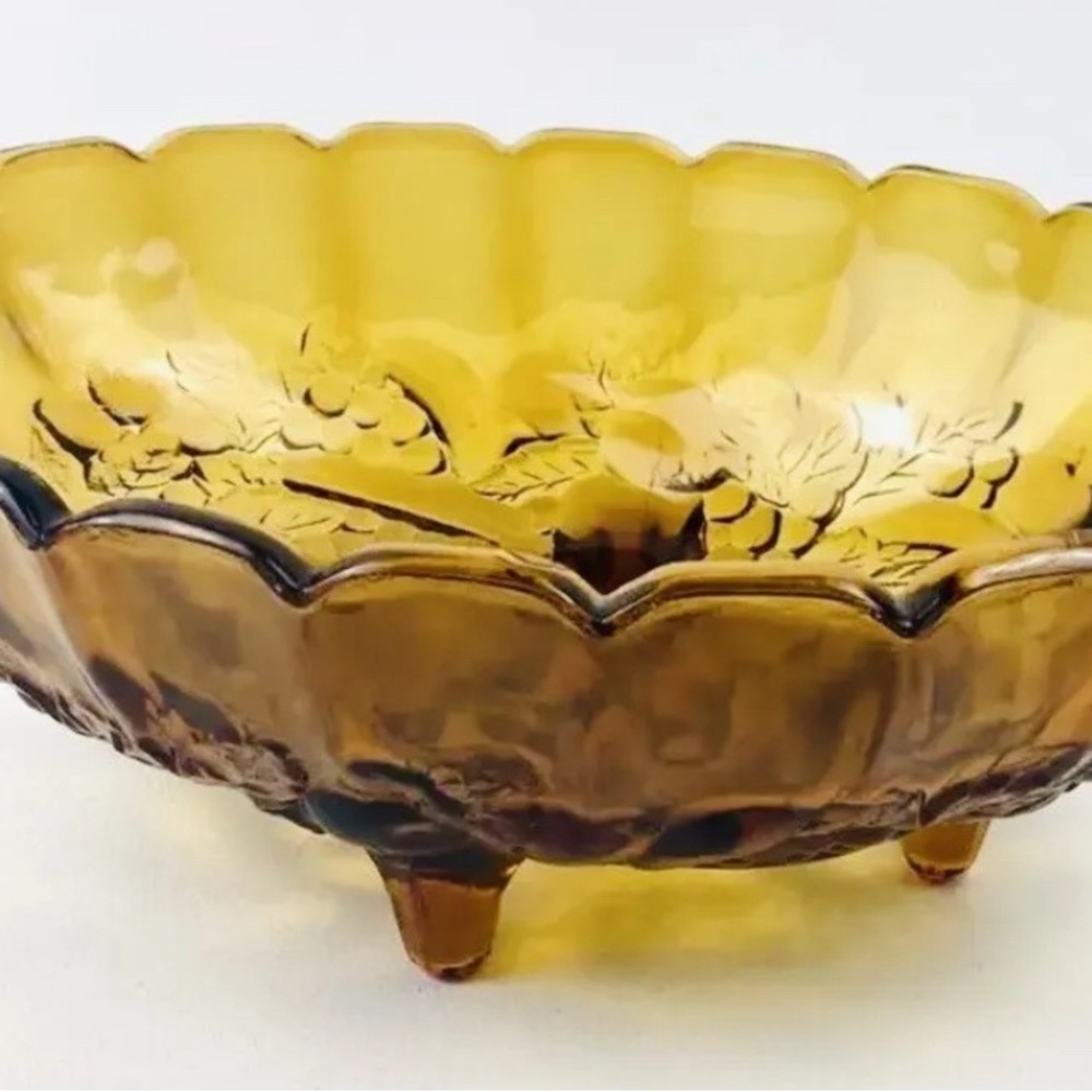 Vintage Mid Century Indiana Amber Glass Oval Footed Fruit Bowl / Vase Grape